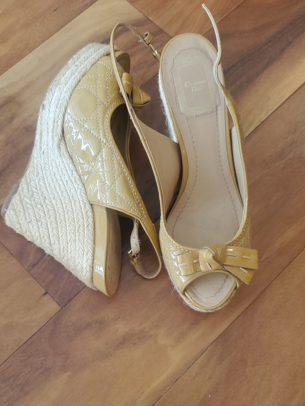 Dior Yellow Patent Leather Bow Espadrille Wedge Sandals